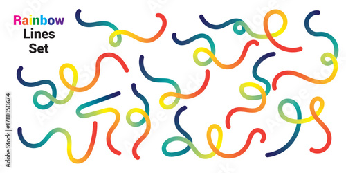 Abstract Color Gradient Lines Pattern. Vector Wave 3D Graphic Shapes with Gradient. Organic Rainbow Wavy Ribbons. Set of Fun Kid Doodle Colour Gradation Lines.
