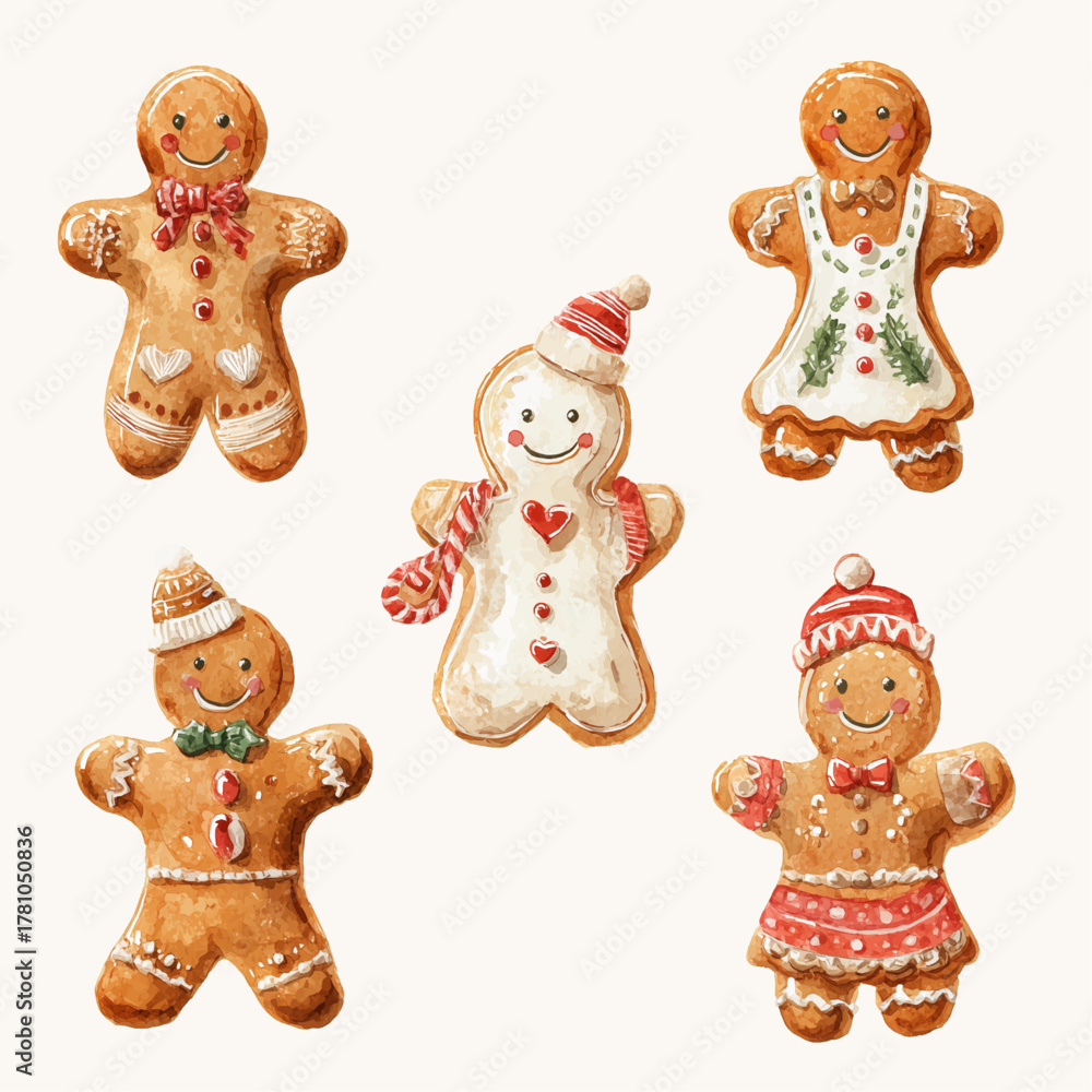 Fototapeta premium Watercolor Gingerbread Man and House Clipart Collection — Hand Painted Christmas Cookies, Festive Holiday Bakery Elements, Cute Gingerbread Characters and Sweet Decorations on White Background
