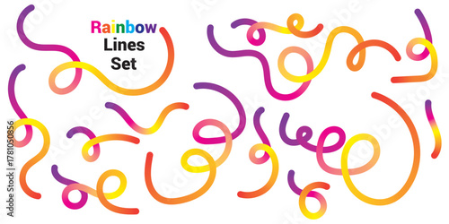 Colorful gradient organic line elements collection - flowing curved shapes in vibrant rainbow colors including pink, blue, yellow, green, purple, orange and cyan for modern abstract design background