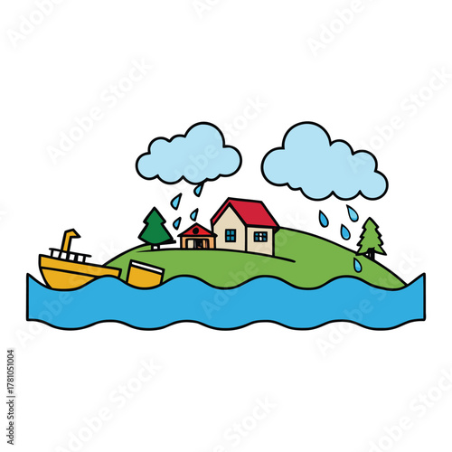 A powerful flood sweeps across the land, submerging homes, roads, and fields. Raging waters destroy everything in their path, leaving devastation and loss behind.
