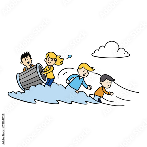 Isometric illustration showing a natural disaster scene with floods, earthquakes, and storms, featuring detailed 3D terrain, damaged buildings, and rescue efforts in motion.
