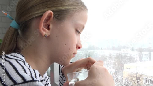 Sick Child Looking Out Window, Ill Sad Kid, Girl Face Drinking Tea Blizzard Winter