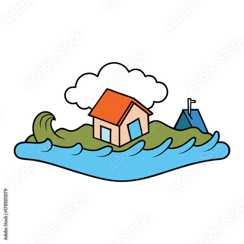Isometric illustration showing a natural disaster scene with floods, earthquakes, and storms, featuring detailed 3D terrain, damaged buildings, and rescue efforts in motion.
