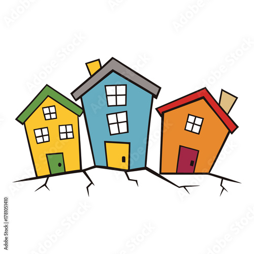 A ruined urban cityscape with crumbling houses, cracked walls, and broken windows, showing decay and neglect amidst faded memories of a once-bustling neighborhood.
