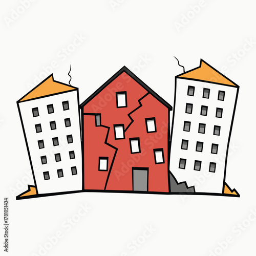 A ruined urban cityscape with crumbling houses, cracked walls, and broken windows, showing decay and neglect amidst faded memories of a once-bustling neighborhood.
