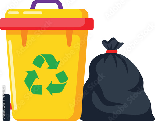 Yellow recycling bin with green arrows and black trash bag trash can garbage bag
