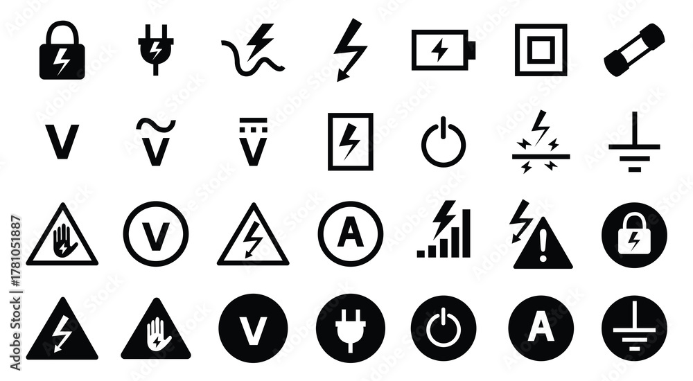 Fototapeta premium Electrical Voltage Marking Glyph Icon Set in Black Vector Design