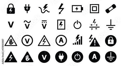 Electrical Voltage Marking Glyph Icon Set in Black Vector Design