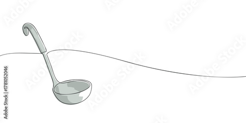 One line drawing of a soup ladle isolated on white background. Minimal continuous line kitchen utensil illustration for cooking, recipe, and restaurant design.