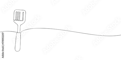 One line drawing of a kitchen spatula utensil on white background. Minimal continuous line art for cooking, restaurant, and kitchenware design with copy space.