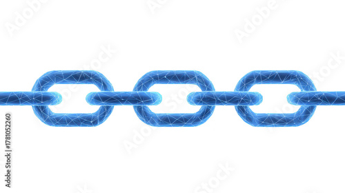 Blue digital chain link with glowing polygonal mesh, symbolizing connection, security, and technology, isolated on transparent background, modern and futuristic style