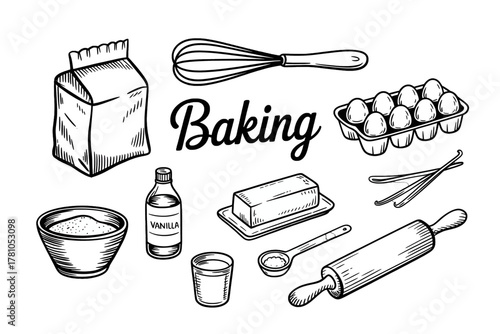 Hand-drawn baking ingredients including flour eggs and butter vector illustration for culinary projects and recipe designs