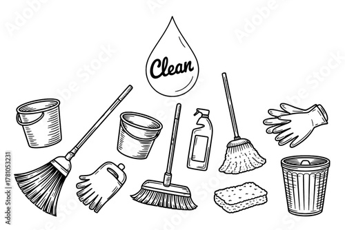 Cleaning tools sketch vector illustration of cleaning equipment isolated on white background