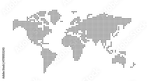Dotted world map from squares. Black vector illustration. World map vector, isolated on white background. Suitable for web site pattern, anual report, inphographics. Globe similar worldmap icon. Trave