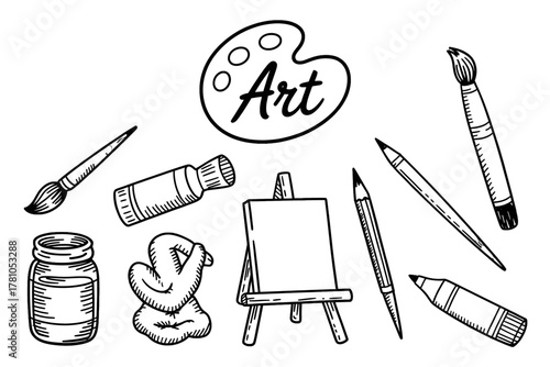 Hand-drawn art supplies including a palette brushes and easel vector illustration for creative projects
