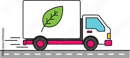 White delivery truck with green leaf symbol on road transport vehicle