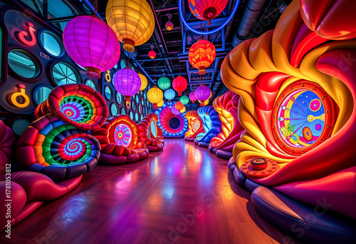  a room filled with lots of colorful balloons and paper lanterns hanging from the ceiling, creating a vibrant and inviting atmosphere.