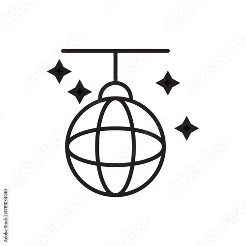 Line drawing of a disco ball hanging from a horizontal bar with starbursts around it