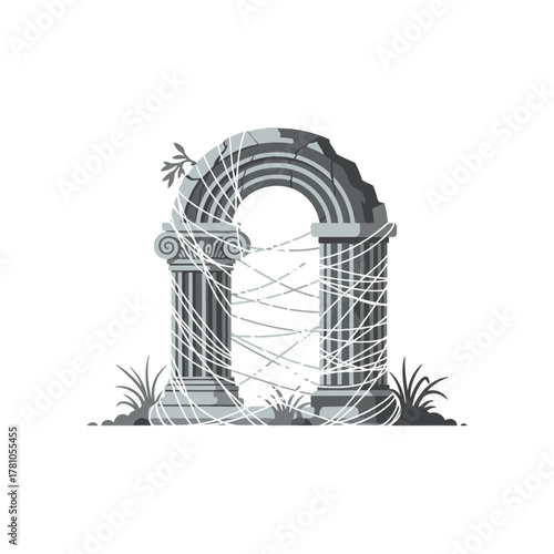 Ancient Stone Archway with Cobwebs, Ruined Architecture, Historical Landmark.
