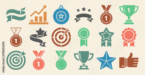 A comprehensive collection of solid filled icons representing team success featuring elements like a trophy medal target ribbon star and thumbs up ideal for business and achievement related designs