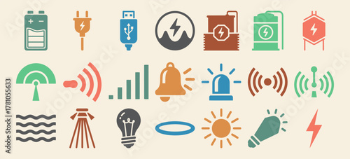 Solid filled icon set depicting mobile charging power cables battery status and portable power banks with various color options for digital interfaces and applications