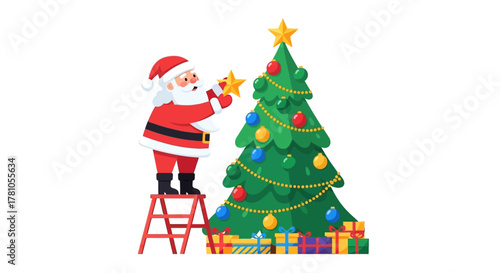 Santa Claus decorating Christmas tree with star and colorful ornaments, spreading joy and holiday cheer with presents underneath the evergreen