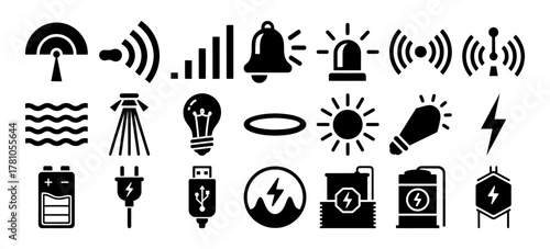 Solid filled icon set featuring mobile charging power cables battery status and portable power banks ideal for digital interfaces and applications
