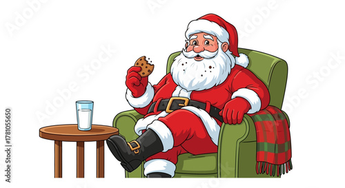 Santa Claus enjoying a well-deserved break with milk and cookies in his comfy chair after a long night of delivering presents to children worldwide