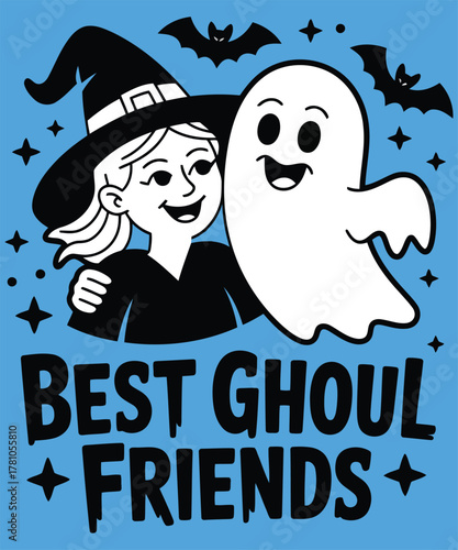 Witch and ghost best friends with bats and stars