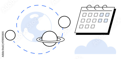 Earth and planets in orbit beside a calendar and cloud, merging astronomy and time management themes. Ideal for planning, science, productivity, scheduling, education, innovation, simple flat