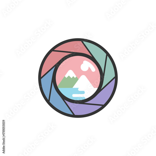 Aperture Lens with Mountain and Lake Scene, Photography Concept.