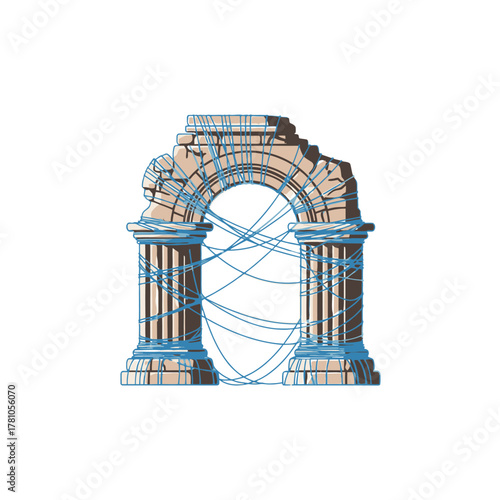 Architectural Ruins with Intricate String Art, Ancient Structure with Modern Twist.