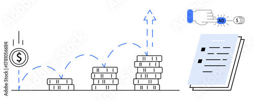Stacked coins growing upward, hand clicking ad button, and business documents. Ideal for financial growth, digital advertising, strategy, income boost, online marketing, planning simple flat