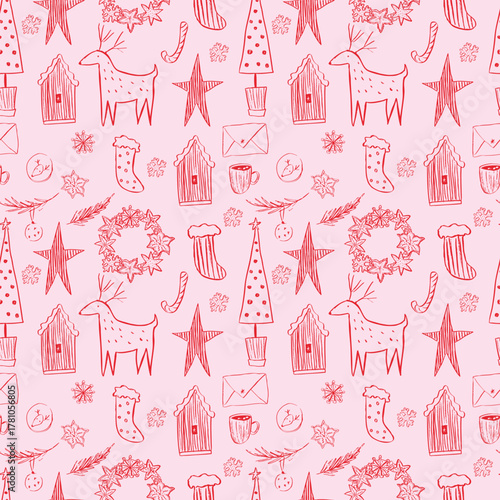  Seamless Christmas pattern in a whimsical Scandinavian style with a reindeer, gingerbread wreath, house, Christmas tree, star 