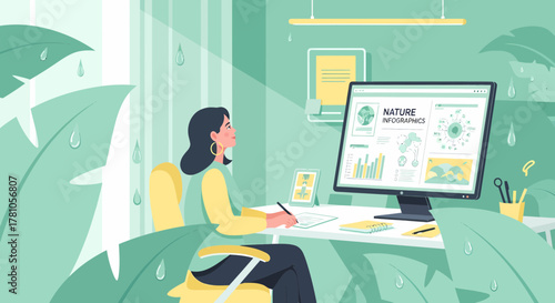 Creative Professional Working At Home On Nature Infographics Project