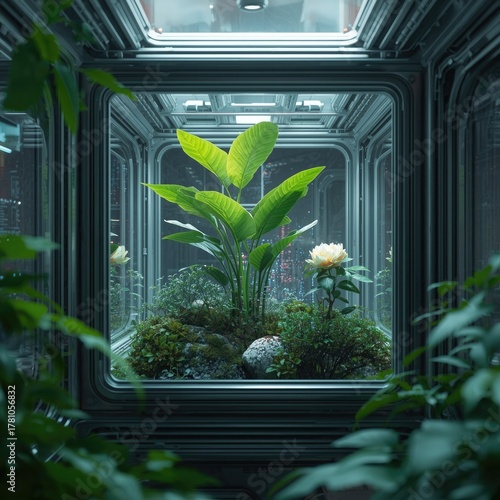 A futuristic terrarium with lush greenery and a single rose inside a cube