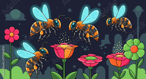 Bees Pollinating Flowers at Night, Glowing Wings, Cartoon Style.