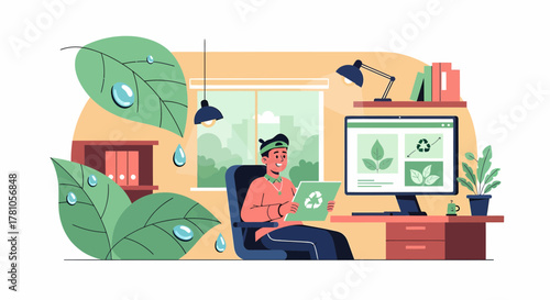 Eco Conscious Man Working From Home Promoting Environmental Awareness
