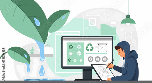 Digital Artist Designing Environmentally Conscious Graphics Online