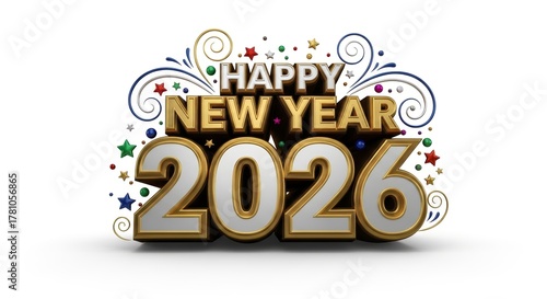 Festive 3D Rendered Happy New Year 2026 Celebration Design with Decorative Elements.