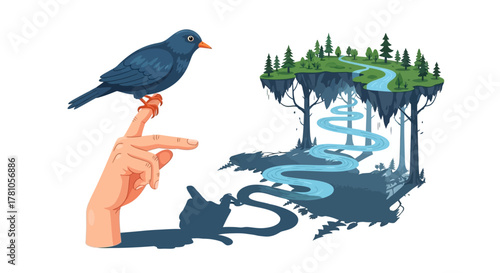 Blackbird perched on a finger, casting a shadow of a winding river.