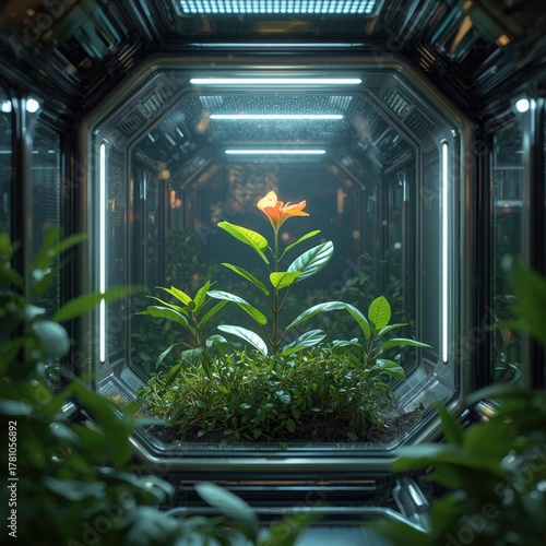 A vibrant flower blooms inside a futuristic greenhouse with glowing lights