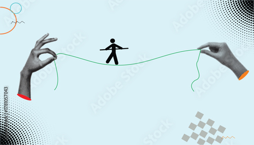 Risk Management Concept: Hands Hold a Tightrope Walker Symbolizing Balance, Financial Risk, Business Pressure, Crisis Management, and Stability Strategy.