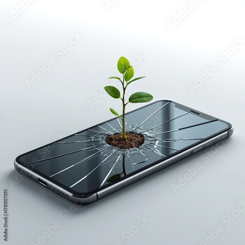 Small plant growing from a broken smartphone isolated on white background