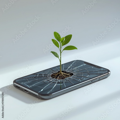 Green sprout growing from a cracked smartphone on white background, hope concept