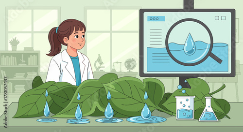 Girl Scientist Investigating Plant Hydration With Monitor and Lab Equipment