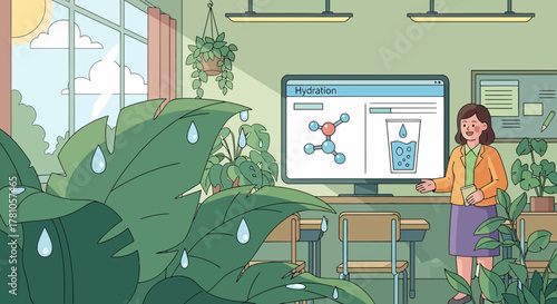 Hydration Lesson In Classroom With Indoor Plants And Teacher