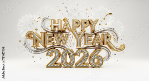 Happy New Year 2026 Golden Silver Confetti Celebration.