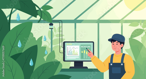 Man Analyzing Plant Moisture Levels In Greenhouse Using Computer