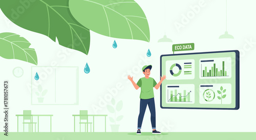 Man Explaining Ecological Data Presented on Modern Digital Display